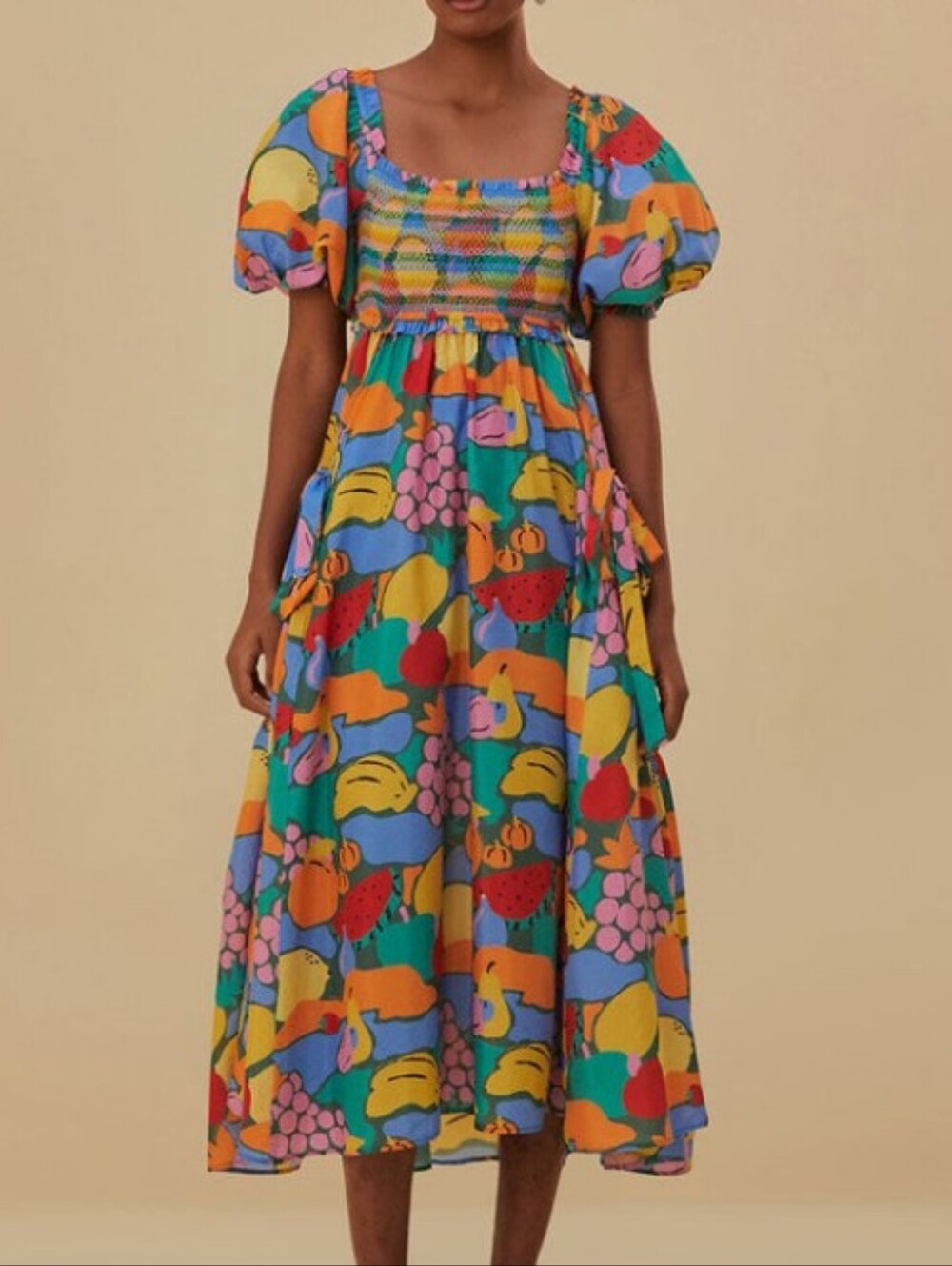 FARM Rio Multicolor Fruit Landscape Smocked Midi Dress Medium Resort Statement